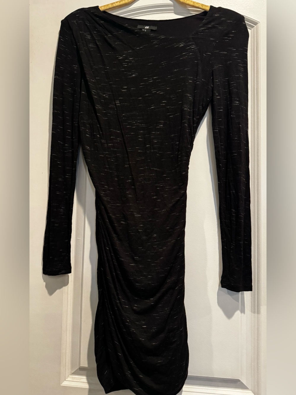 H&M XS Black Ruched Bodycon Dress Asymmetrical Neck Shoulder Pads